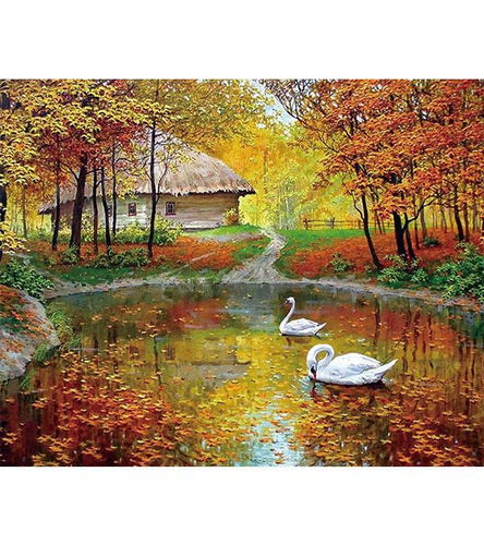 Autumn Swan Lake Paint with Diamonds - Art Providore