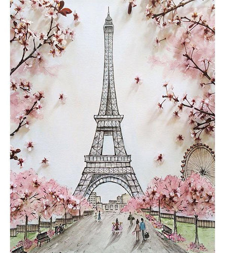 Cherry Blossom Eiffel Tower Paint with Diamonds - Art Providore