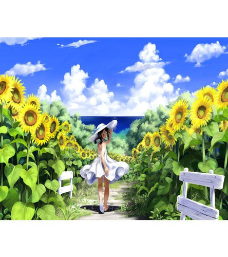 Girl in Sunflower Field Paint with Diamonds - Art Providore