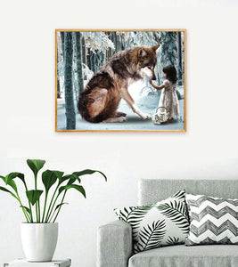 Wolf and Little Girl Paint with Diamonds - Art Providore