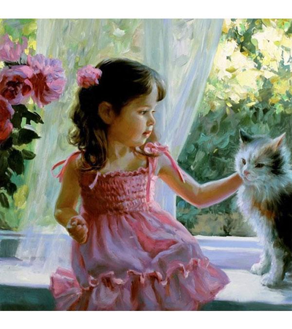 Young Girl and Her Cat Paint with Diamonds - Art Providore