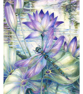 Dragonfly on Lotus Flowers Paint with Diamonds - Art Providore